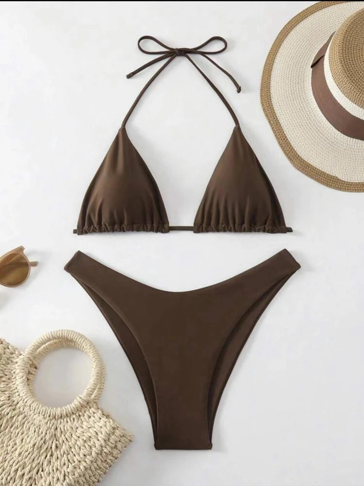 2 Piece Thong Bikini Solid White/Black/Coffee Halter Swimsuit Lace Up Brazilian Bathing Suit Double Fabric Beachwear The Clothing Company Sydney