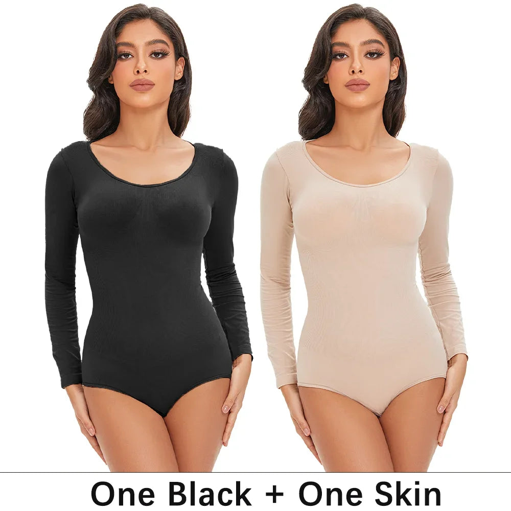 Spandex Elastic Body Suit Shapewear Women Body Shaper Long Sleeve Round Neck Seamless Shapers