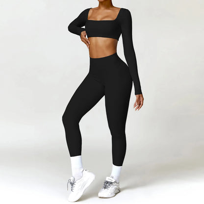 2 Piece Long Sleeve Gym Set Women Yoga Clothes Quick-Drying Sportswear Running Leggings Workout Sports Crop Top Shorts - The Clothing Company Sydney