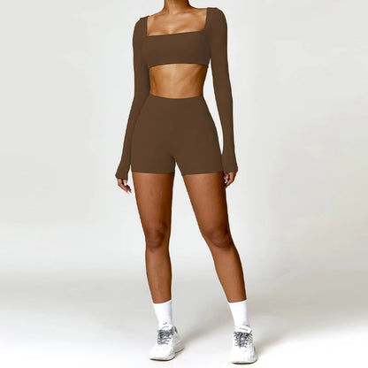 2 Piece Long Sleeve Gym Set Women Yoga Clothes Quick-Drying Sportswear Running Leggings Workout Sports Crop Top Shorts - The Clothing Company Sydney