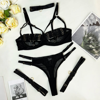 5-Piece Costume Hollow Underwear Sensual Open Bra Outfits Lingerie Set - The Clothing Company Sydney