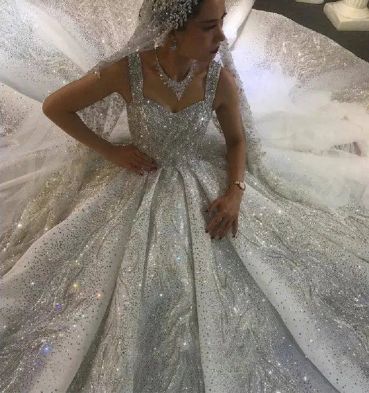 Luxurious Sparkling Sequin Wedding Dress Ball Gown Sleeveless Long Rhinestone Bridal Dress With Court Train Robes - The Clothing Company Sydney