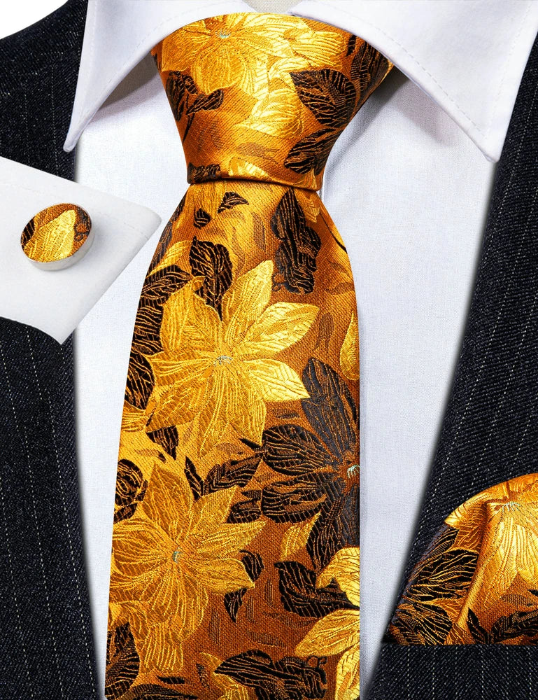 Elegant Men's Gold Leaves Floral Silk Neck Tie Pocket Square Cufflinks Wedding Business Party Gift Set - The Clothing Company Sydney