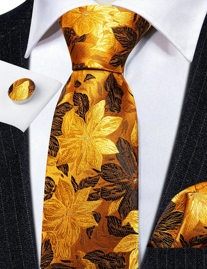 Elegant Men's Gold Leaves Floral Silk Neck Tie Pocket Square Cufflinks Wedding Business Party Gift Set - The Clothing Company Sydney