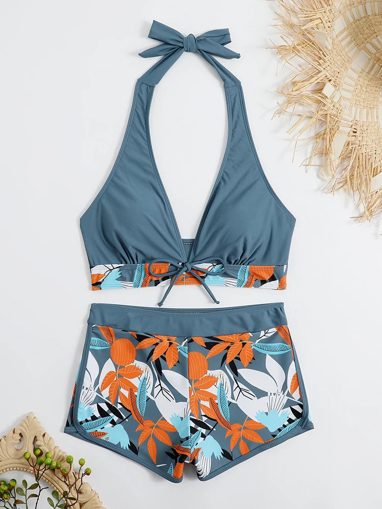 2 Piece Halter Bikini Set Shorts Swimsuit High Waist Swimwear Female Printed Bathers Swimming Bathing Swim Suit Beachwear - The Clothing Company Sydney
