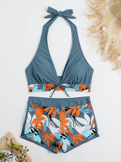 2 Piece Halter Bikini Set Shorts Swimsuit High Waist Swimwear Female Printed Bathers Swimming Bathing Swim Suit Beachwear - The Clothing Company Sydney