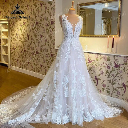 Blush Pink Sleeveless V-Neck Wedding Dress – Lace Applique Backless A-Line Bridal Gown The Clothing Company Sydney