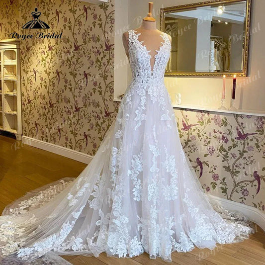 Blush Pink Sleeveless V-Neck Wedding Dress – Lace Applique Backless A-Line Bridal Gown The Clothing Company Sydney