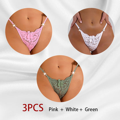 3 Piece Set Women's Lace Panties Perspective Underwear Low Waist Thin Strap Rhinestone Thong G-string Breathable Soft Lingerie The Clothing Company Sydney