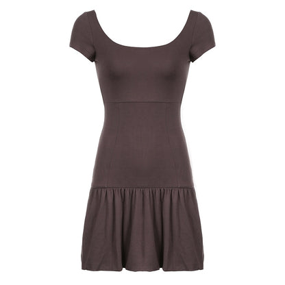 Brown Vintage Y2K Folds Slim Summer Mini Dress for Women Round Neck Dress The Clothing Company Sydney