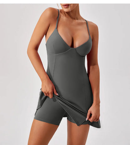 Women's New Inner Shorts Sleeveless Tennis Dresses Workout Solid Outfits Slip Golf Dress Yoga Running Dress - The Clothing Company Sydney