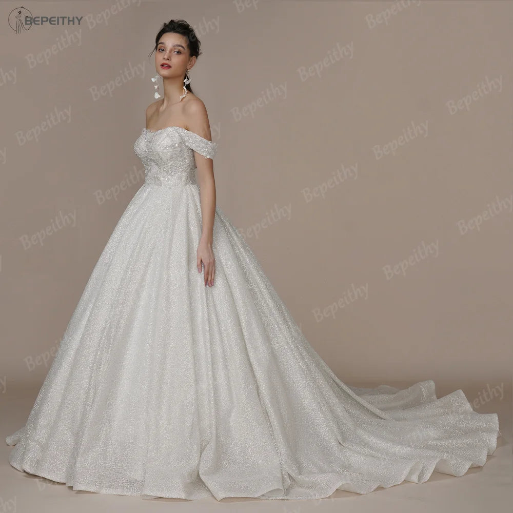 Customized Luxury Strapless A Line Glitter Wedding Dresses Off The Shoulder Women Ivory Bling-Bling Bride Bridal Gown The Clothing Company Sydney
