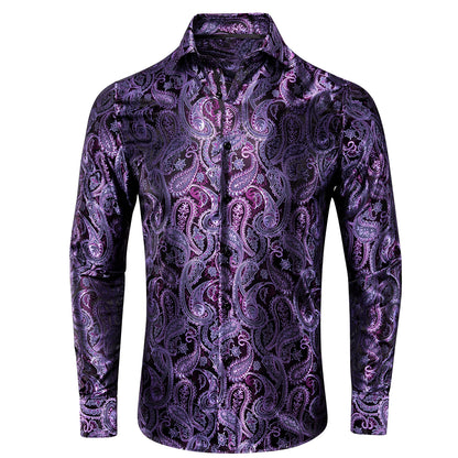 Hi-Tie Long Sleeve Silk Shirts for Men Suit Dress Outwear Male Slim Wedding Floral Paisley Gold Blue Red The Clothing Company Sydney