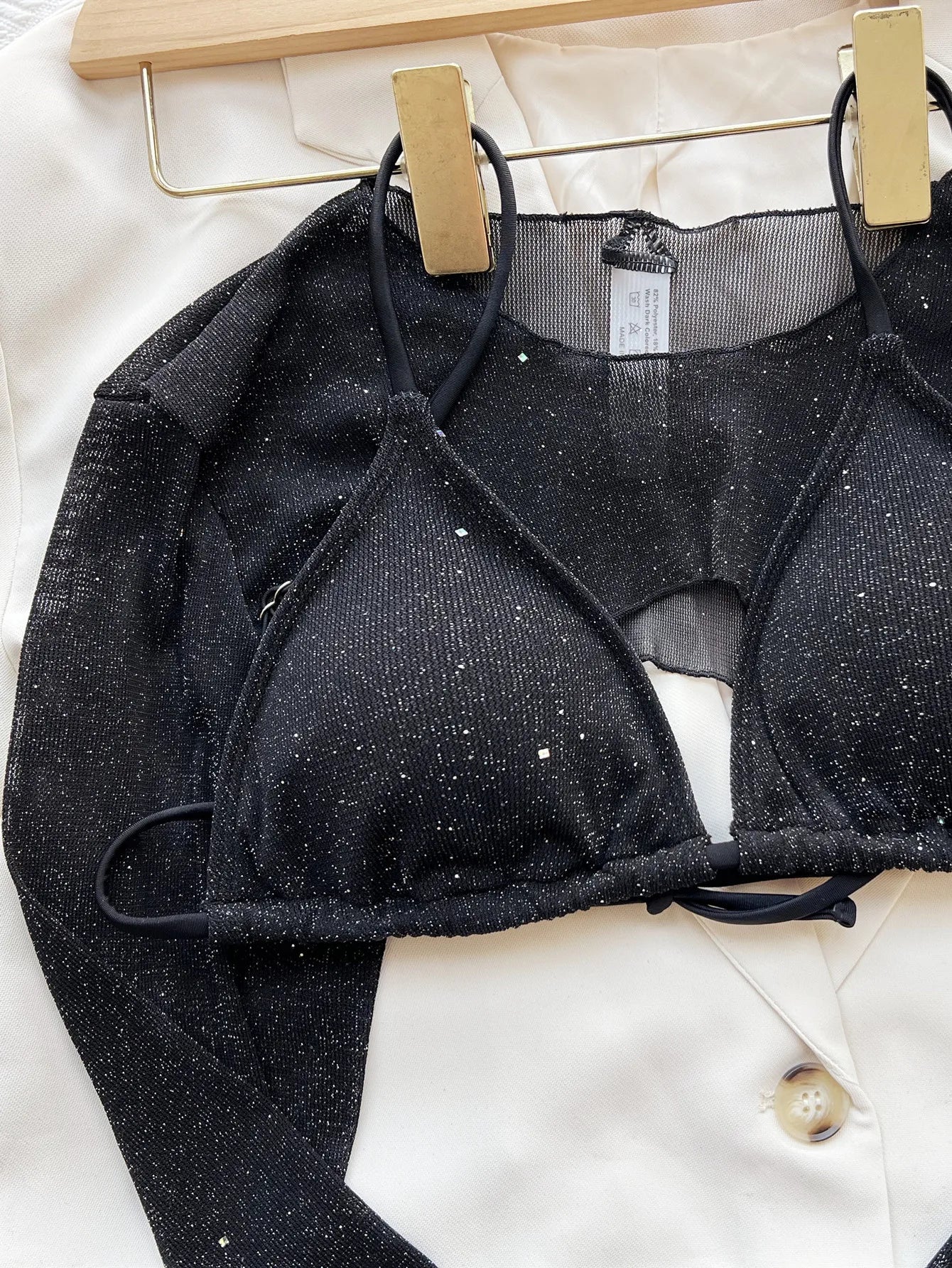 Women's Swimsuits Mesh Cover Up 3 Three-piece Shiny Bikini Set Triangle Swimsuit Micro Thong Swimwear The Clothing Company Sydney