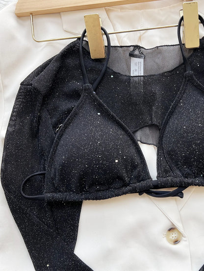 Women's Swimsuits Mesh Cover Up 3 Three-piece Shiny Bikini Set Triangle Swimsuit Micro Thong Swimwear The Clothing Company Sydney