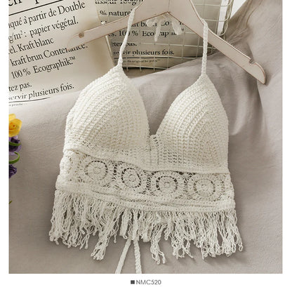 Crop Tops Retro Wild Hollow Perspective Tassel Spaghetti Strap Tank Top Women Built In Bra Back Lace Halter Neck Top - The Clothing Company Sydney