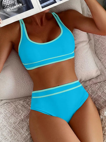 2 Piece Vintage Hot Pink Patchwork Bikini Set Summer Push Up Bra High Waist Swimsuit Beach Bathing Suit Two Piece Swimwear - The Clothing Company Sydney