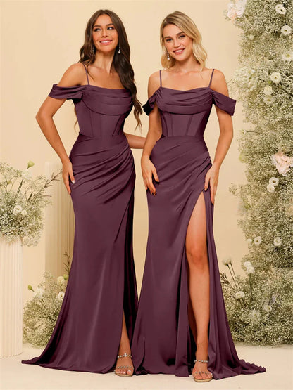 Off-the-Shoulder Spaghetti Straps Silk Satin Sheath Bridesmaid Dress Elegant Zipper Back Gowns For Wedding Guests - The Clothing Company Sydney
