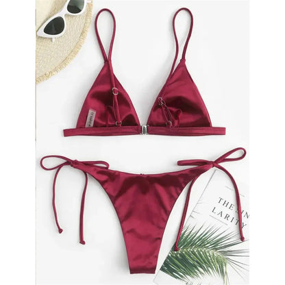 Side Tie Satin High Leg Cut Brazilian Bikini Swimwear Swimsuit Two piece Bikini set Bather Bathing Suit - The Clothing Company Sydney