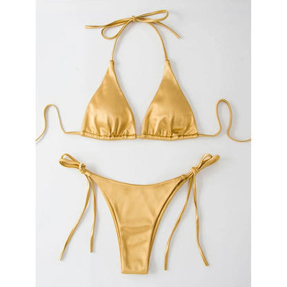 Metallic Halter Triangle Swimsuit Women Swimwear Bathing Suits Brazilian Thong Micro Bikinis Set Beach Wear The Clothing Company Sydney