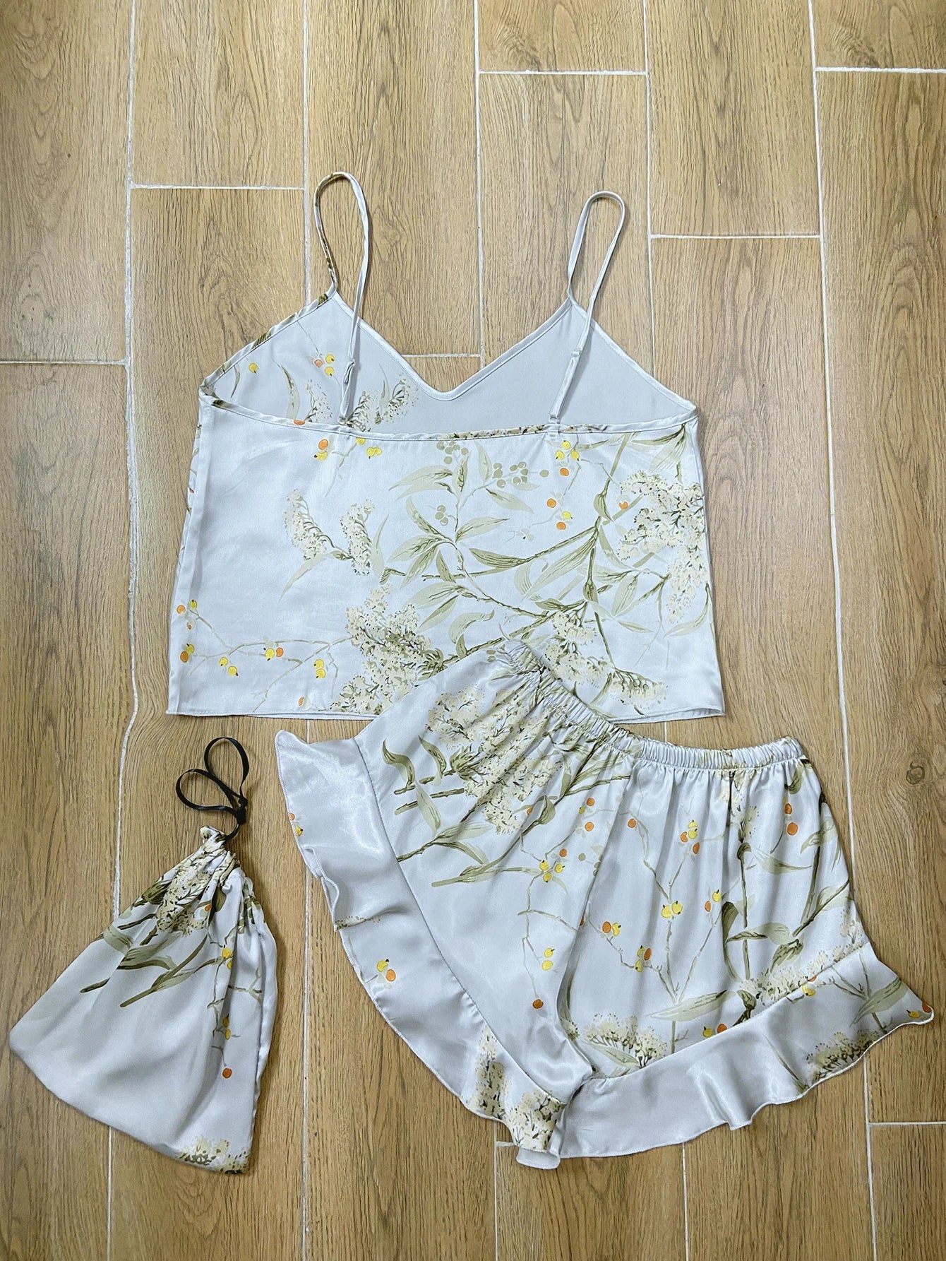 Women's Floral Cami Pyjama Set with Matching Bag – Ruffle Hem Shorts Sleepwear - The Clothing Company Sydney