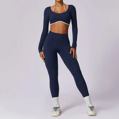 2 Piece Womens Tracksuit Yoga Set Workout Sportswear Gym Clothing Fitness Long Sleeve Crop Top High Waist Leggings Sports Suits - The Clothing Company Sydney