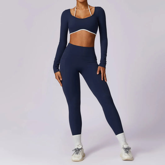 2 Piece Womens Tracksuit Yoga Set Workout Sportswear Gym Clothing Fitness Long Sleeve Crop Top High Waist Leggings Sports Suits