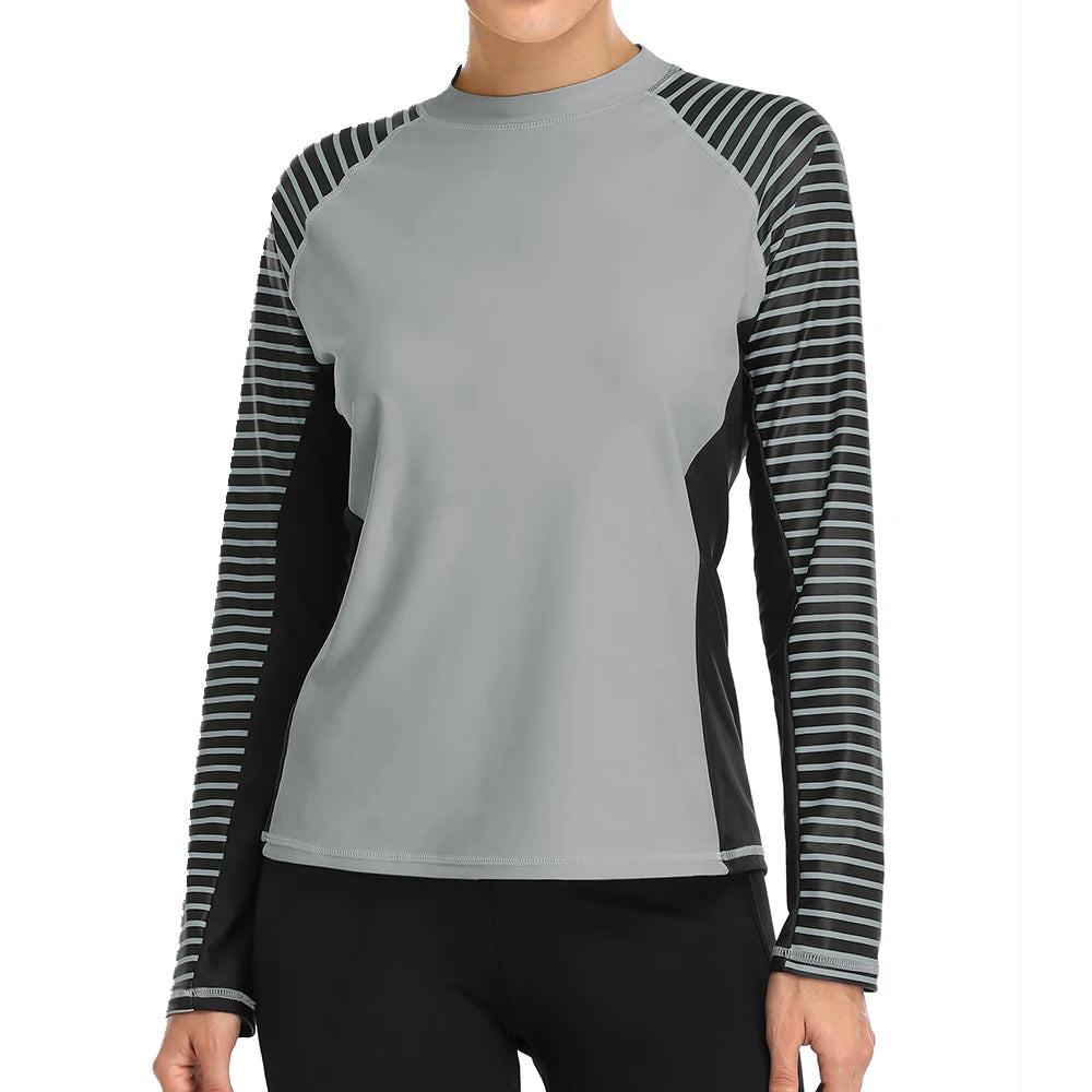 Womens Long Sleeved Rashguard Swimwear Striped Rash Guards Patchwork Surfing Swimsuits UPF50+ Top - The Clothing Company Sydney