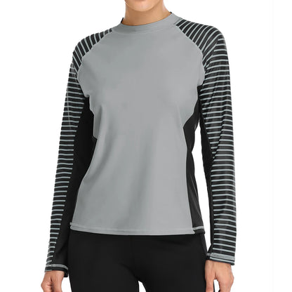 Womens Long Sleeved Rashguard Swimwear Striped Rash Guards Patchwork Surfing Swimsuits UPF50+ Top - The Clothing Company Sydney