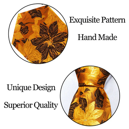 Elegant Men's Gold Leaves Floral Silk Neck Tie Pocket Square Cufflinks Wedding Business Party Gift Set - The Clothing Company Sydney