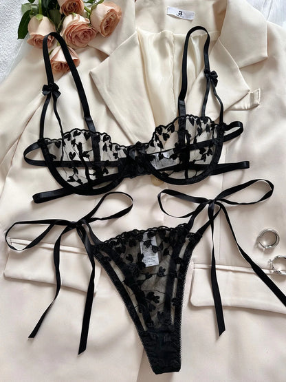 Heart Shaped Embroidery 2 Piece Lace Lineries Outfit Set - The Clothing Company Sydney