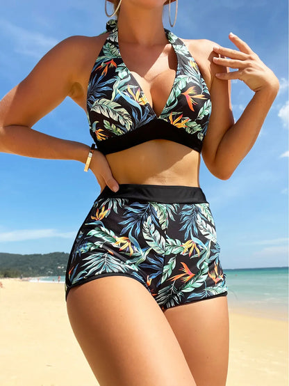 2 Piece Halter Bikini Set Shorts Swimsuit High Waist Swimwear Female Printed Bathers Swimming Bathing Swim Suit Beachwear - The Clothing Company Sydney