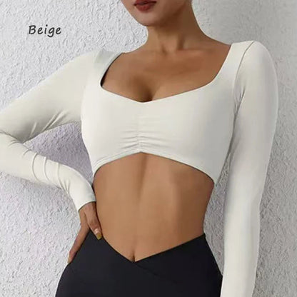 Nylon Gym Yoga long Sleeved T-shirt tight Pleated Sports women's waist tight yoga Top The Clothing Company Sydney