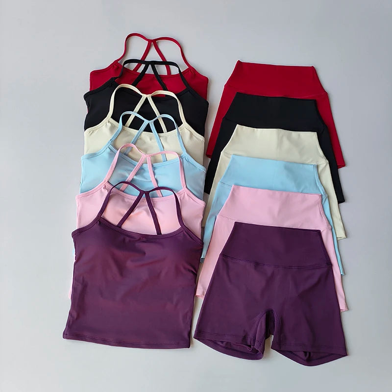 2 Piece Yoga Gym Set Halter Top Set Yoga High Waist Shorts Backless Tights Bra Vest Seamless Stretch Ribbed Shorts Set - The Clothing Company Sydney