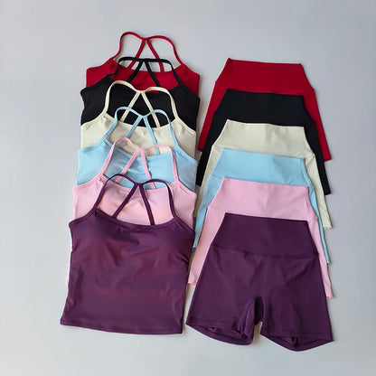 2 Piece Yoga Gym Set Halter Top Set Yoga High Waist Shorts Backless Tights Bra Vest Seamless Stretch Ribbed Shorts Set - The Clothing Company Sydney