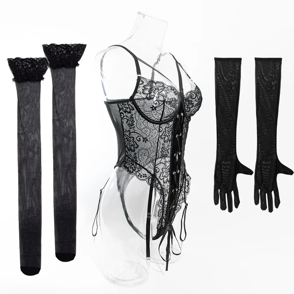 Lace Bodysuit Lace Up Costume Long Gloves Stocking See-Through Tights Lingerie Matching Outfit Set - The Clothing Company Sydney