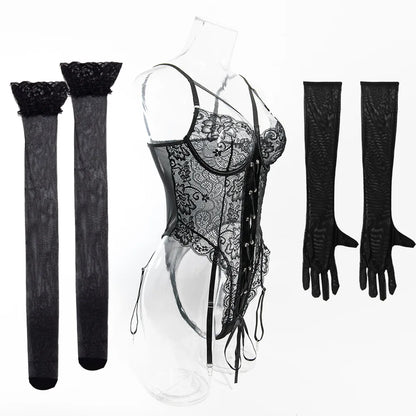 Lace Bodysuit Lace Up Costume Long Gloves Stocking See-Through Tights Lingerie Matching Outfit Set - The Clothing Company Sydney