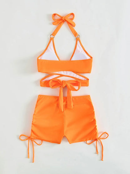 High Waist Two piece Bikini Women's Solid Hollow Swimsuit Cross Gathered Swimwear Summer Drawstring Beach Bathing Suit