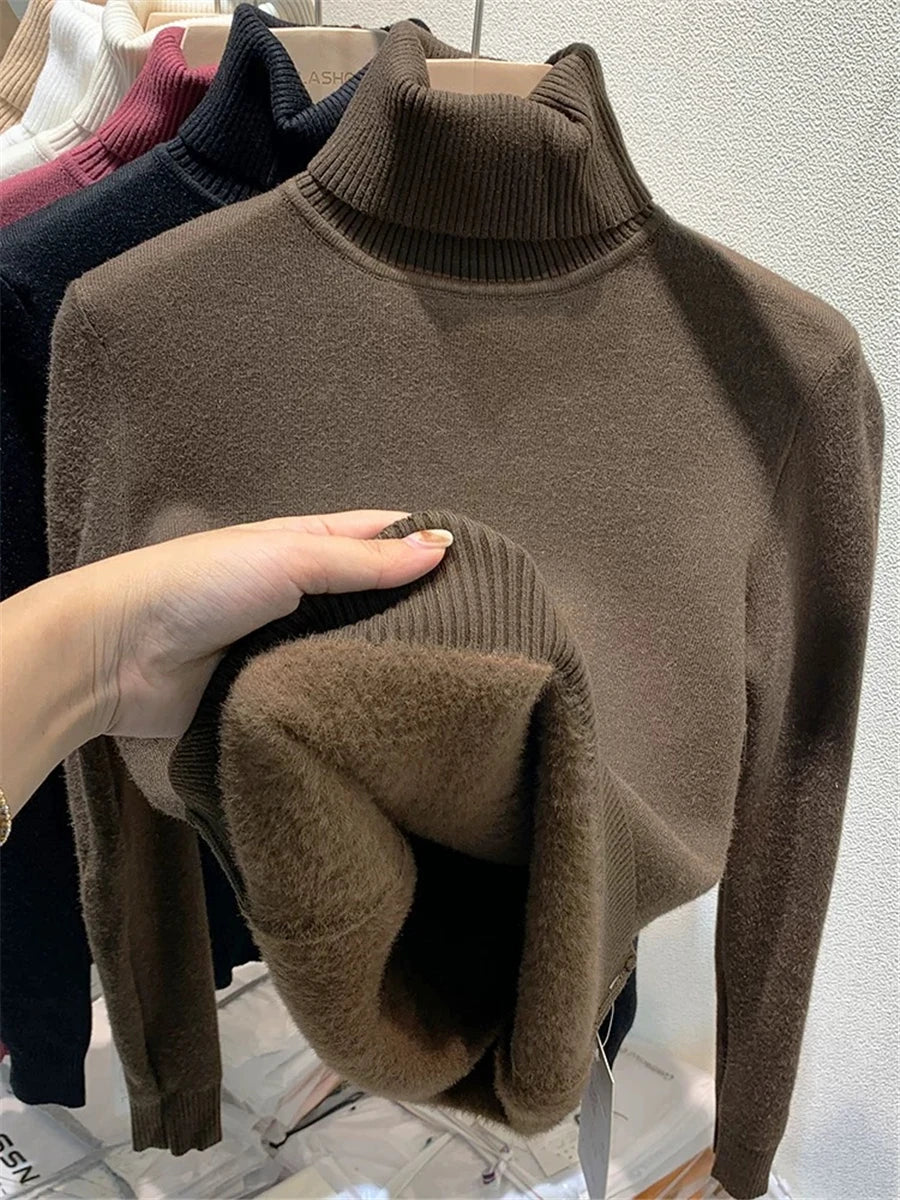 Ladies Turtleneck Winter Sweater Women Elegant Thick Velvet Lined Warm Knitted Pullover Slim Tops Jersey Knitwear Jumper The Clothing Company Sydney