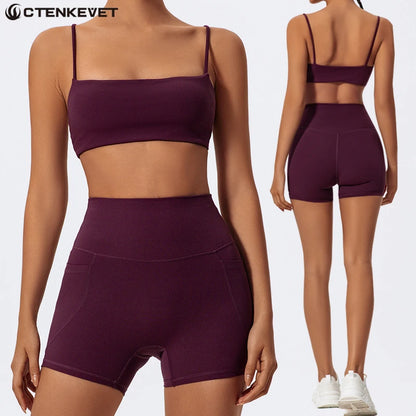 Women Two Piece Gym Workout Bra Yoga Set Shorts Fitness Wear Quick-Dry Sports Bra Flared Pants Suits - The Clothing Company Sydney