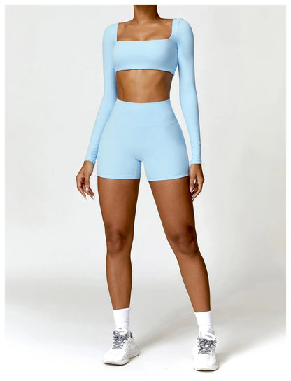 2 Piece Long Sleeve Gym Set Women Yoga Clothes Quick-Drying Sportswear Running Leggings Workout Sports Crop Top Shorts - The Clothing Company Sydney