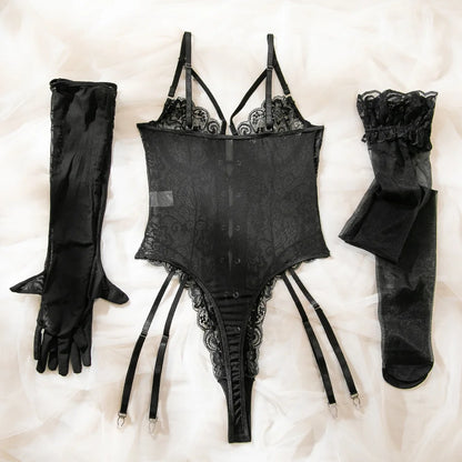 Lace Bodysuit Lace Up Costume Long Gloves Stocking See-Through Tights Lingerie Matching Outfit Set - The Clothing Company Sydney