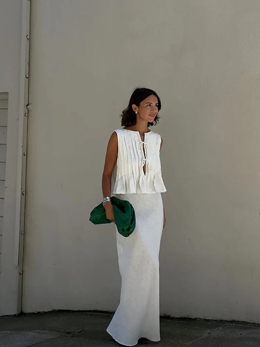 Elegant White Set 2 Piece Woman Chic Lace Up O Neck Ruffled Edge Short Matching Set Summer Street Outfit - The Clothing Company Sydney