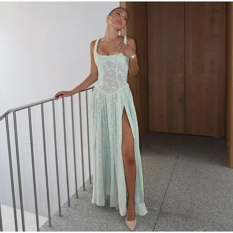 Flower Printed Slim A-line Sling Green Square Neck High Split Long Elegant Chic Evening Dress - The Clothing Company Sydney