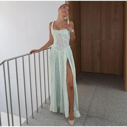 Flower Printed Slim A-line Sling Green Square Neck High Split Long Elegant Chic Evening Dress - The Clothing Company Sydney