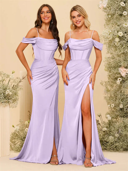 Off-the-Shoulder Spaghetti Straps Silk Satin Sheath Bridesmaid Dress Elegant Zipper Back Gowns For Wedding Guests - The Clothing Company Sydney