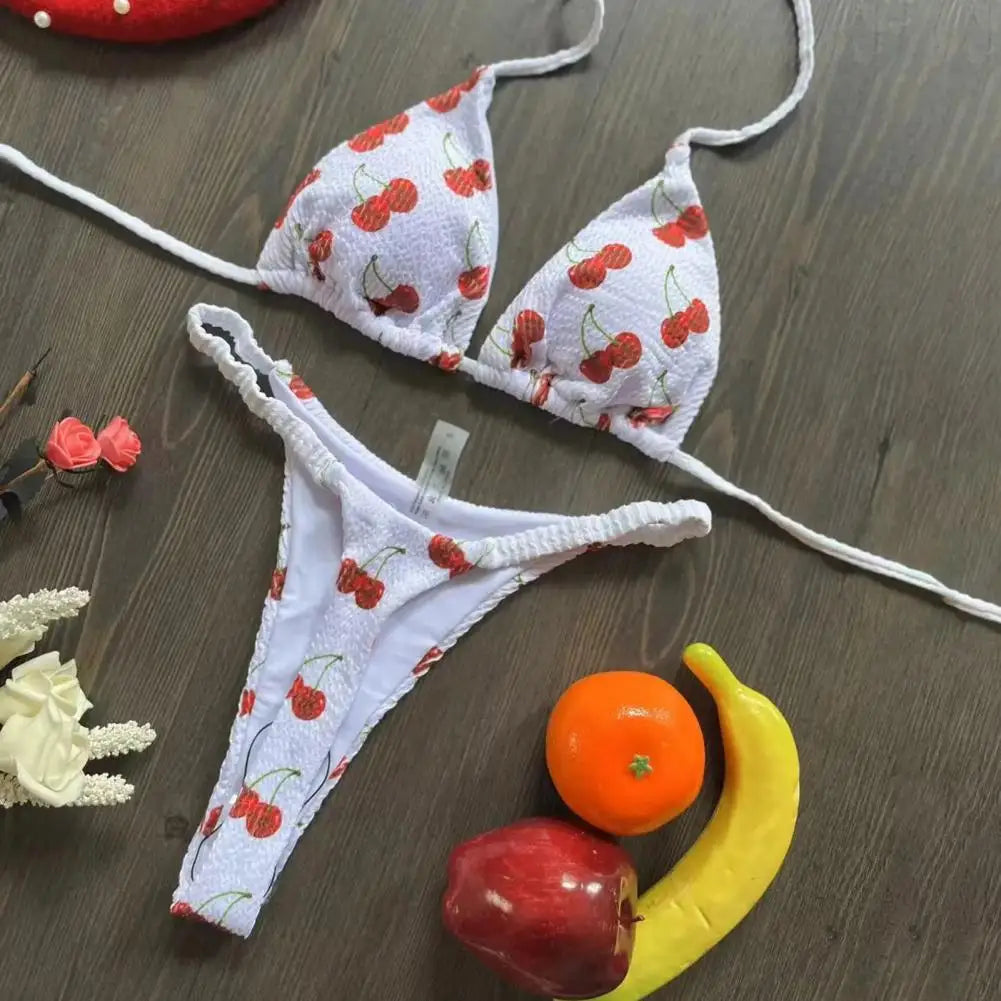 Two Piece Bikini Set Leopard Print Halter Bikini Set Cherry Print Thong Swimsuit High Waist Lace-up Bathing Suit - The Clothing Company Sydney