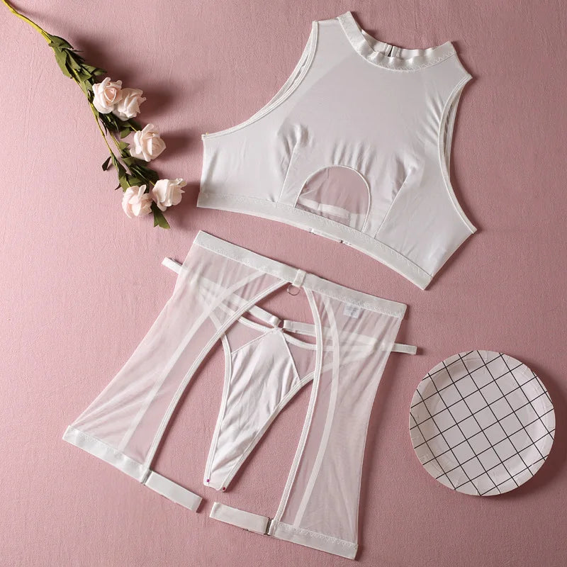 Lingerie Set Woman 3 Piece Vest Top Seamless Underwear Garter Belt Set Thong Black Intimate Exotic Set - The Clothing Company Sydney