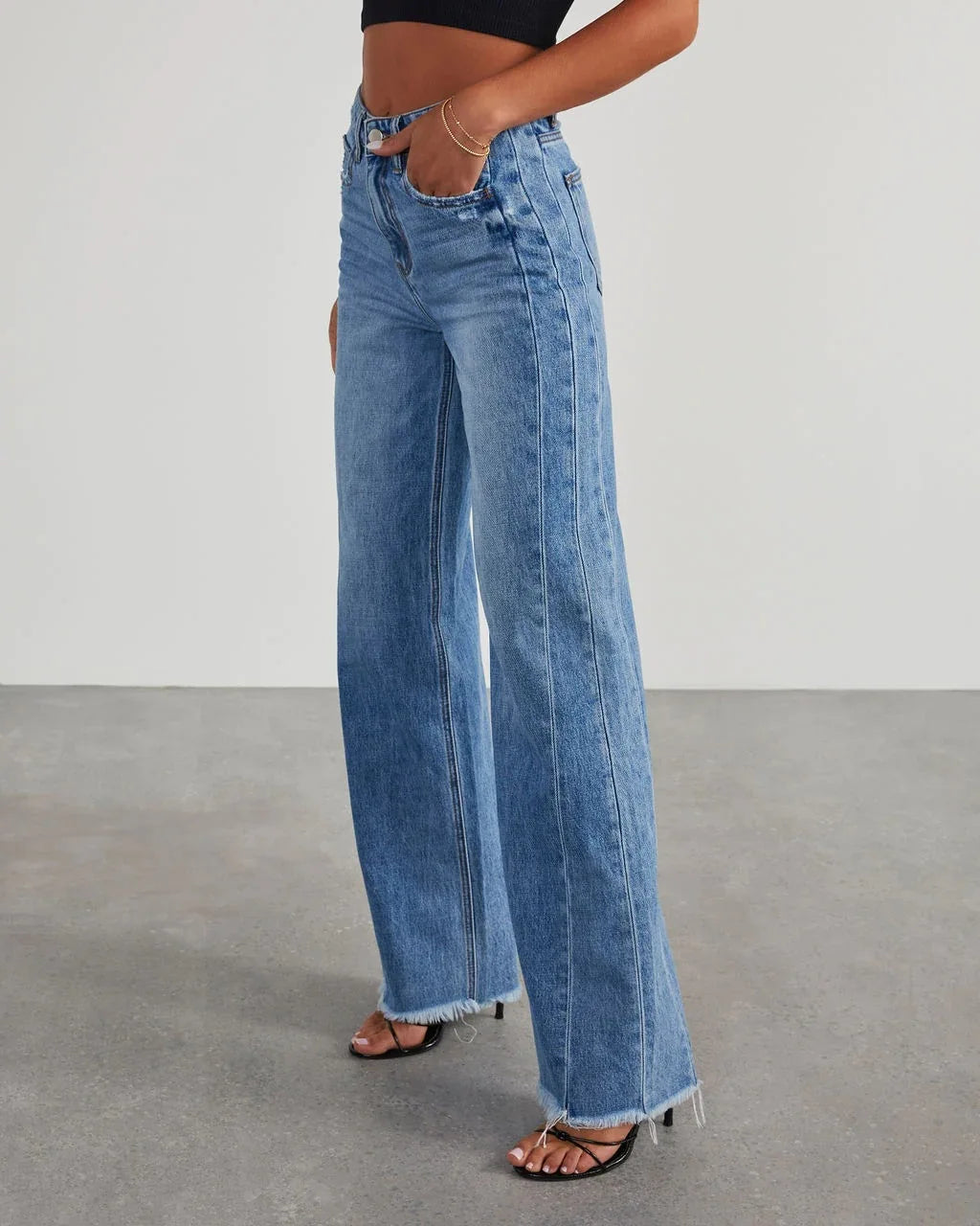 Spring Summer Women's Clothing Solid Color Loose Wide Leg Side Seam Stitching Frayed Hem Jeans The Clothing Company Sydney