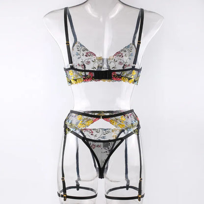3 Piece Lingerie Sensual Lace Underwear Transparent Embroidery Garters Fancy Beautiful Bra Panties Intimate Set The Clothing Company Sydney